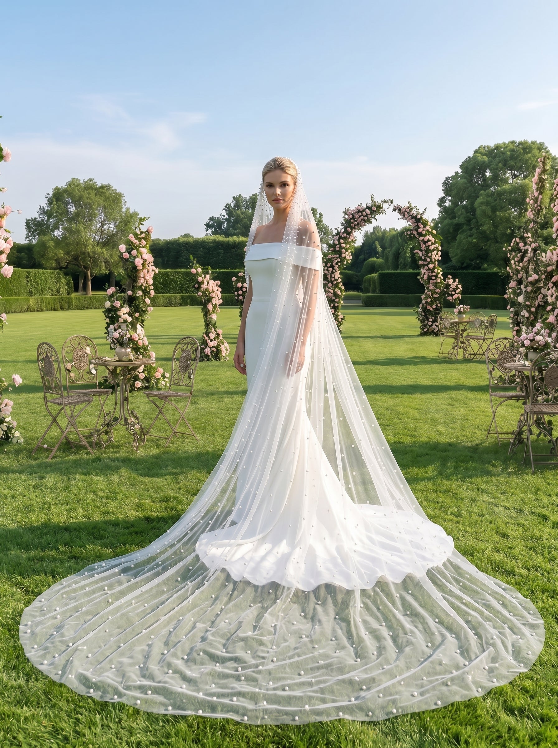 Luxury Pearl Cathedral Wedding Veil - Extra Wide 3m x 3m Full Circle Pearlcore Bridal Veil with Comb, Shimmering Scattered Pearl Veil LUNA-X62