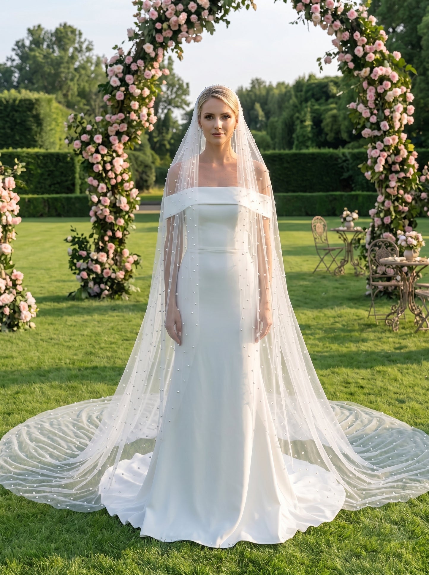 Luxury Pearl Cathedral Wedding Veil - Extra Wide 3m x 3m Full Circle Pearlcore Bridal Veil with Comb, Shimmering Scattered Pearl Veil LUNA-X62