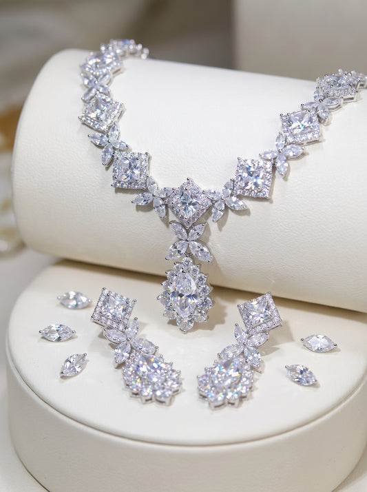 "Hollywood Heritage" Vintage Pear-Cut Crystal Wedding Jewelry Set, Radiant Cluster Leaf Choker & Luxury Tear-Drop Evening Earrings Duo LUNA-X161