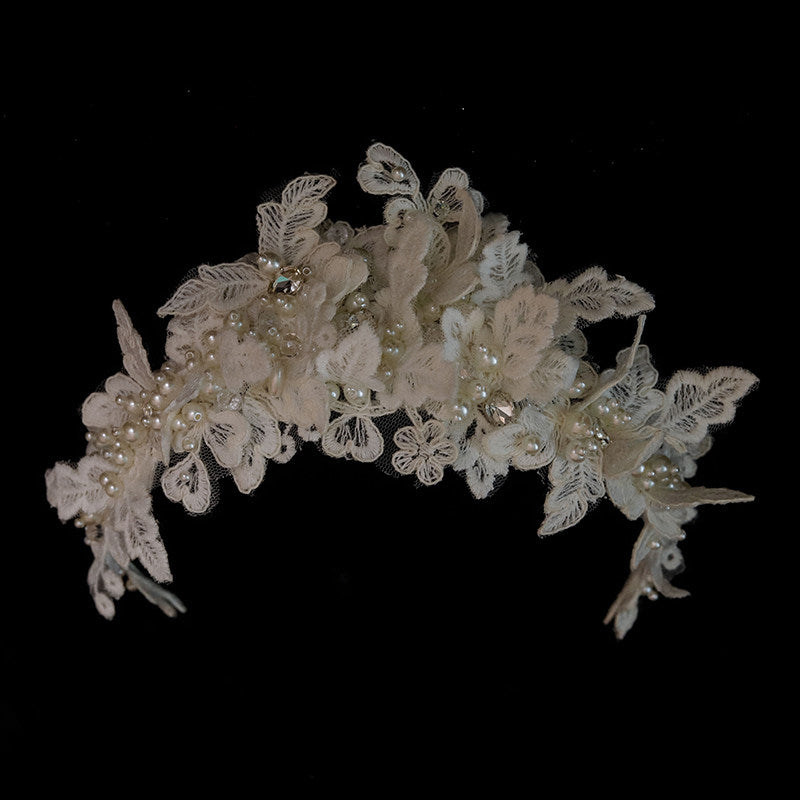 Vintage French Lace Bridal Tiara Headband Romantic Embroidered Floral Wedding Hair Vine | Handmade Bridal Crown Accessory for Modern Brides | LUNA-X112
