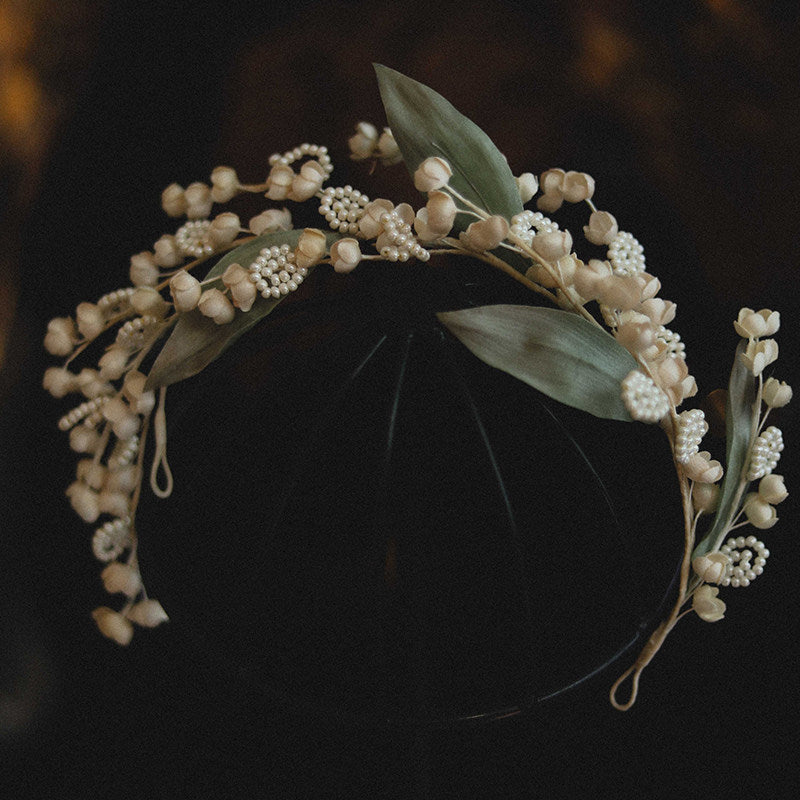 Vintage Lily of the Valley Bridal Headpiece Romantic Pearl and Silk Leaf Wedding Hair Vine Handmade Fairy Floral Tiara  LUNA-X109