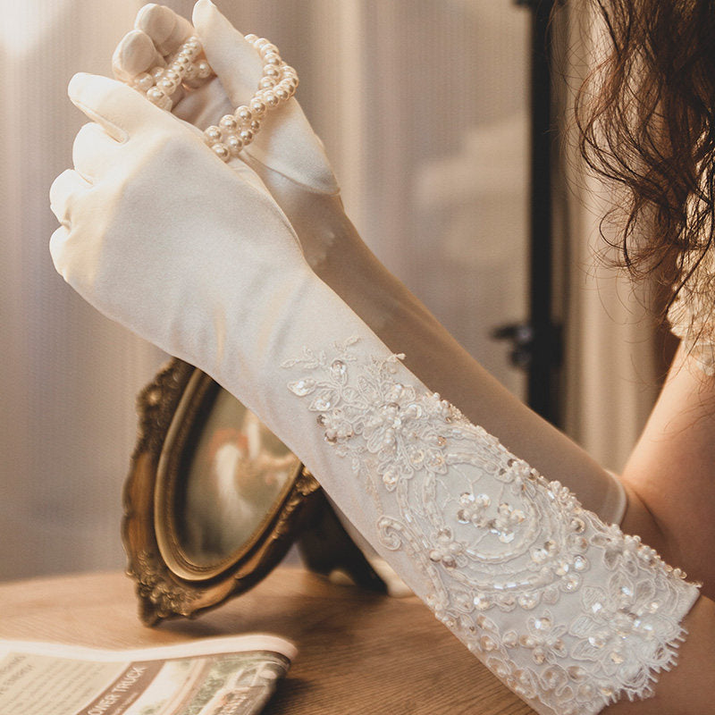 White Satin Bridal Gloves - 35cm Below Elbow Length Wedding Gloves with Hand-Beaded imitation pearls & Sequins - Vintage Regencycore Heavy Lace Prom Mittens LUNA-X308