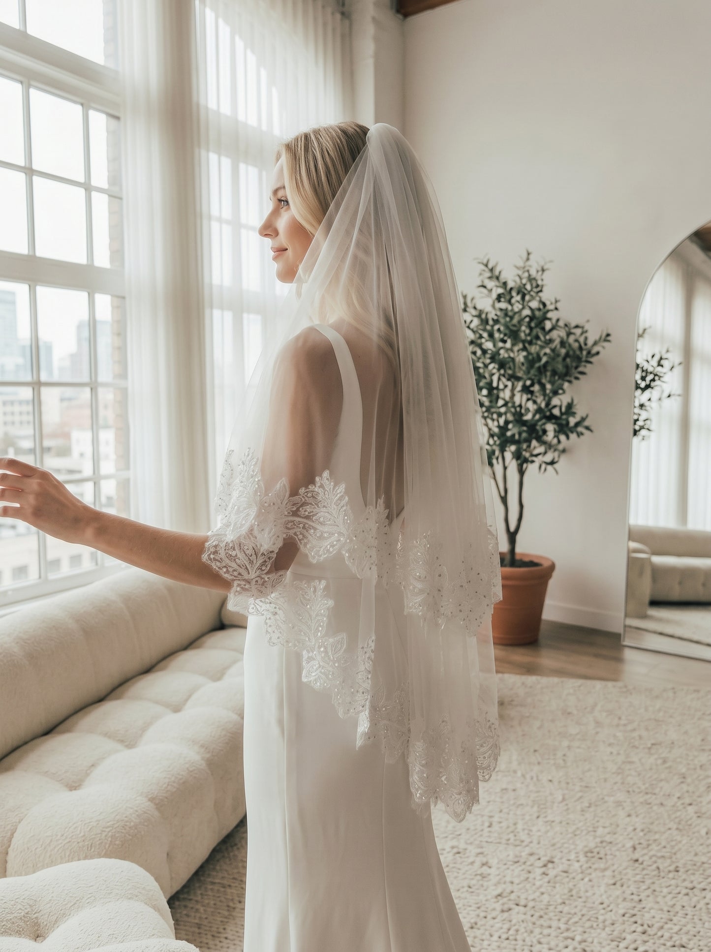 Luxury Voluminous Fingertip Wedding Veil - Multi-Layer Soft Tulle Bridal Veil with Premium Metal Comb, Romantic Blusher Veil  LUNA-X57