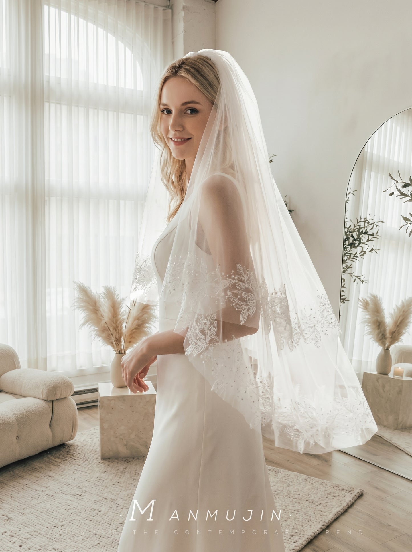 Luxury Voluminous Fingertip Wedding Veil - Multi-Layer Soft Tulle Bridal Veil with Premium Metal Comb, Romantic Blusher Veil  LUNA-X57