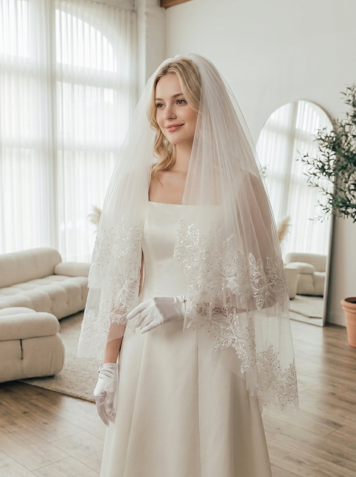 Luxury Voluminous Fingertip Wedding Veil - Multi-Layer Soft Tulle Bridal Veil with Premium Metal Comb, Romantic Blusher Veil  LUNA-X57
