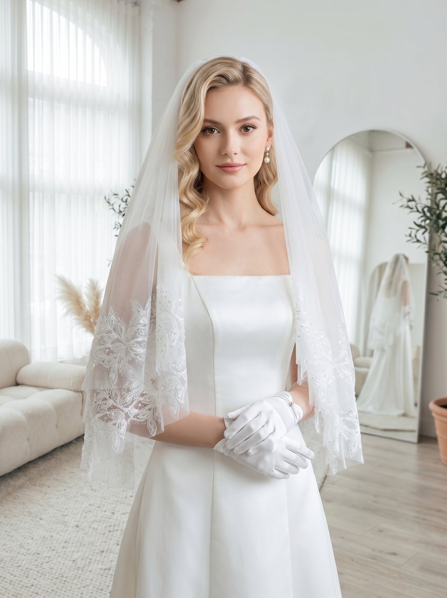 Luxury Voluminous Fingertip Wedding Veil - Multi-Layer Soft Tulle Bridal Veil with Premium Metal Comb, Romantic Blusher Veil  LUNA-X57