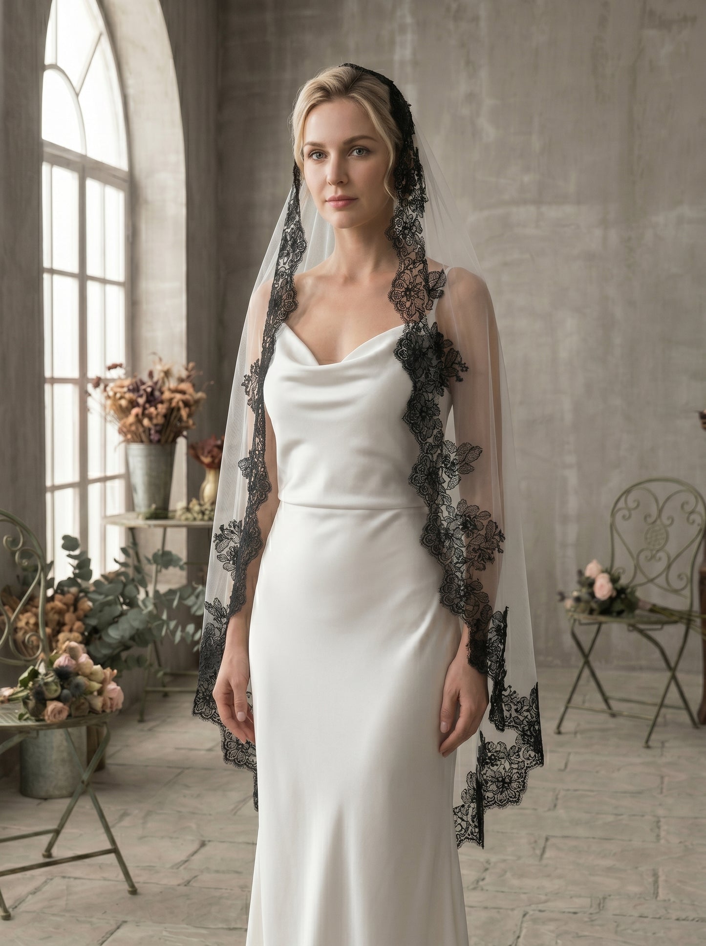 Luxury Gothic Black Wedding Veil with Comb - 60" Fingertip / 80" Chapel / 118" Cathedral High Drama Black Lace Edge Bridal Veil LUNA-X64