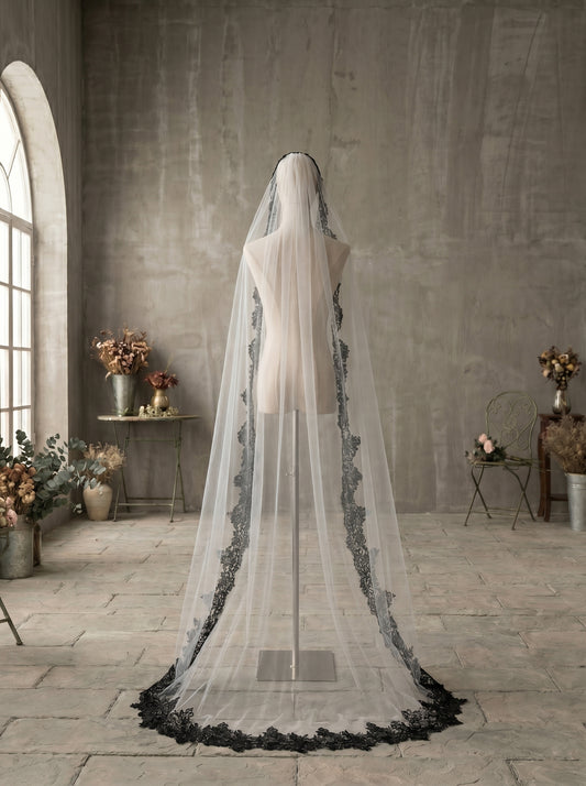Luxury Gothic Black Wedding Veil with Comb - 60" Fingertip / 80" Chapel / 118" Cathedral High Drama Black Lace Edge Bridal Veil LUNA-X64
