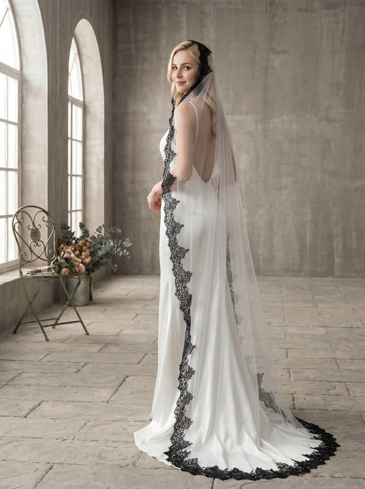 Luxury Gothic Black Wedding Veil with Comb - 60" Fingertip / 80" Chapel / 118" Cathedral High Drama Black Lace Edge Bridal Veil LUNA-X64
