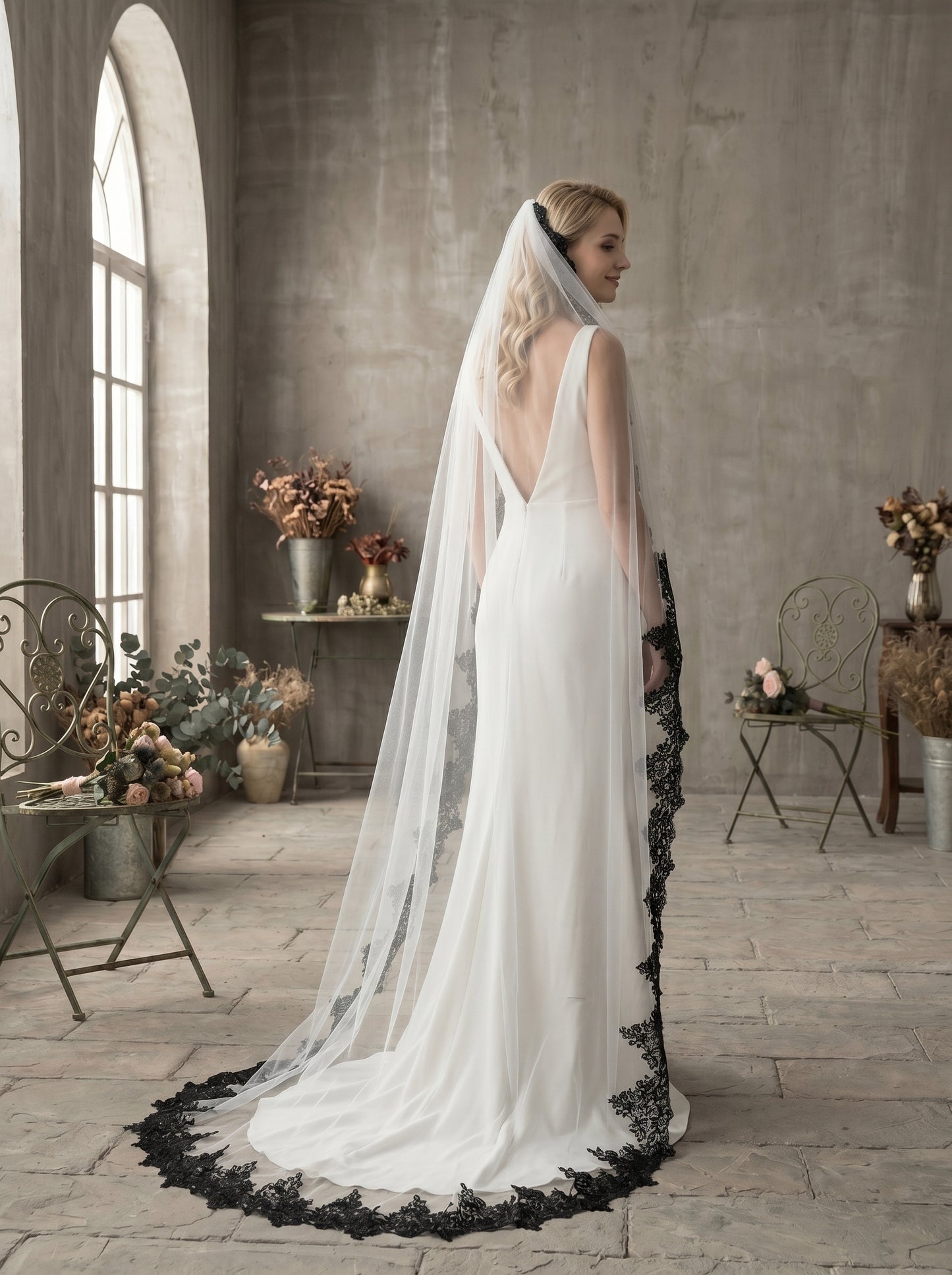Luxury Gothic Black Wedding Veil with Comb - 60" Fingertip / 80" Chapel / 118" Cathedral High Drama Black Lace Edge Bridal Veil LUNA-X64