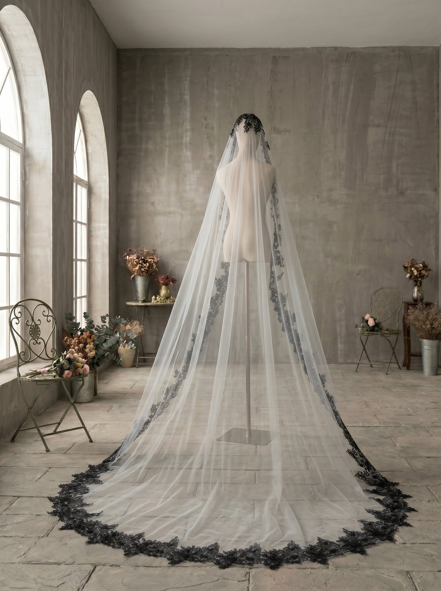Luxury Gothic Black Wedding Veil with Comb - 60" Fingertip / 80" Chapel / 118" Cathedral High Drama Black Lace Edge Bridal Veil LUNA-X64