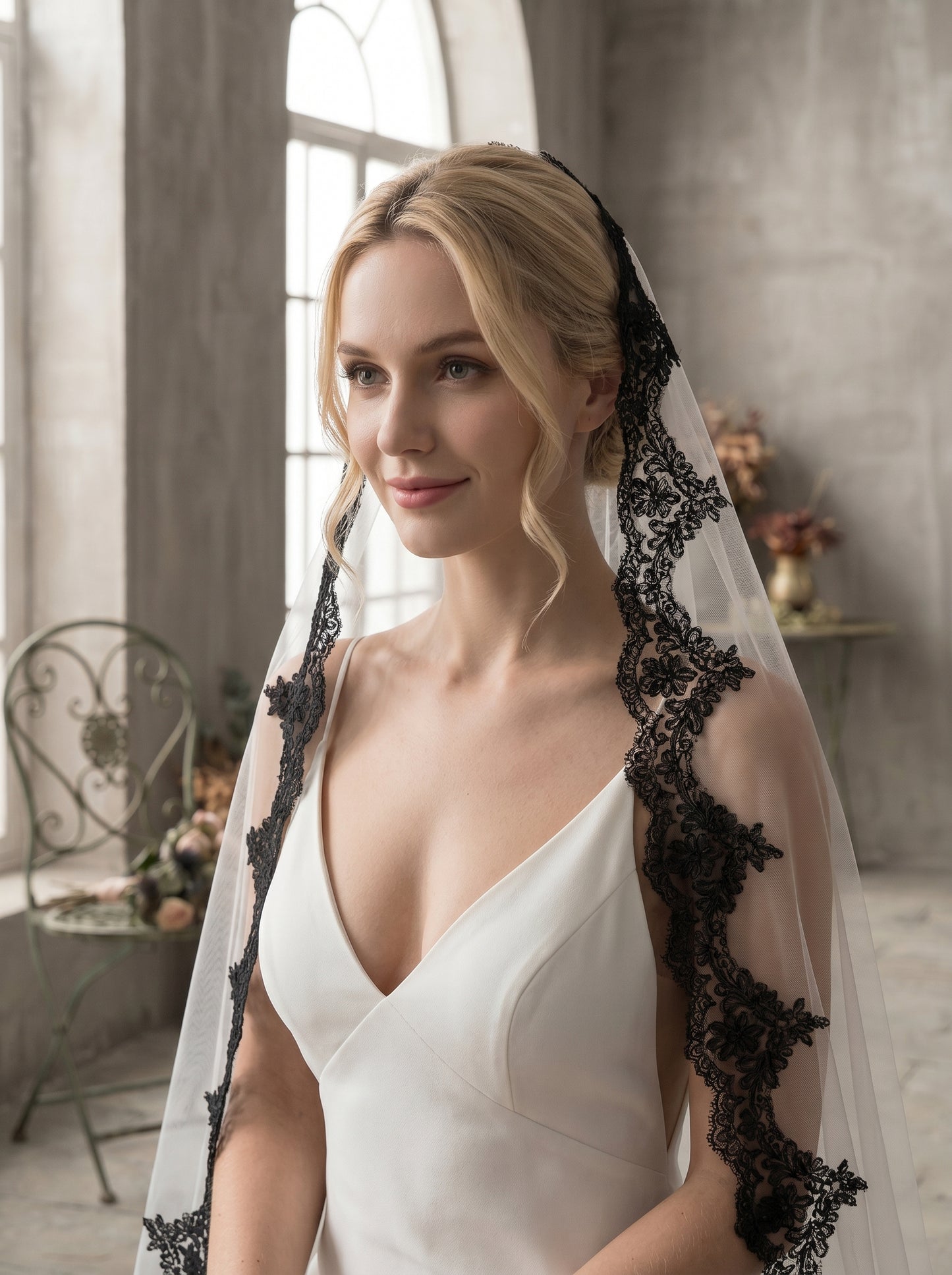 Luxury Gothic Black Wedding Veil with Comb - 60" Fingertip / 80" Chapel / 118" Cathedral High Drama Black Lace Edge Bridal Veil LUNA-X64