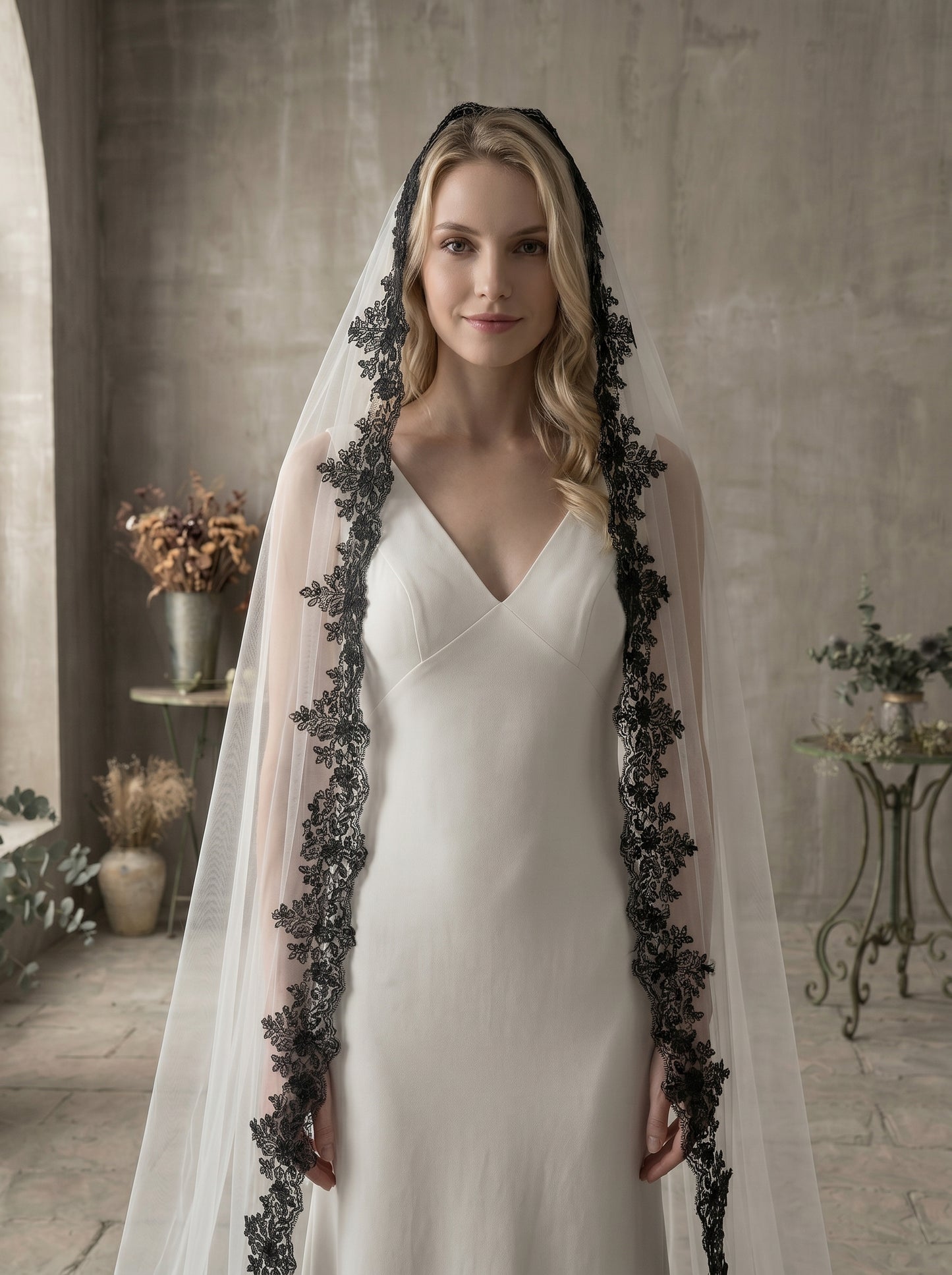 Luxury Gothic Black Wedding Veil with Comb - 60" Fingertip / 80" Chapel / 118" Cathedral High Drama Black Lace Edge Bridal Veil LUNA-X64