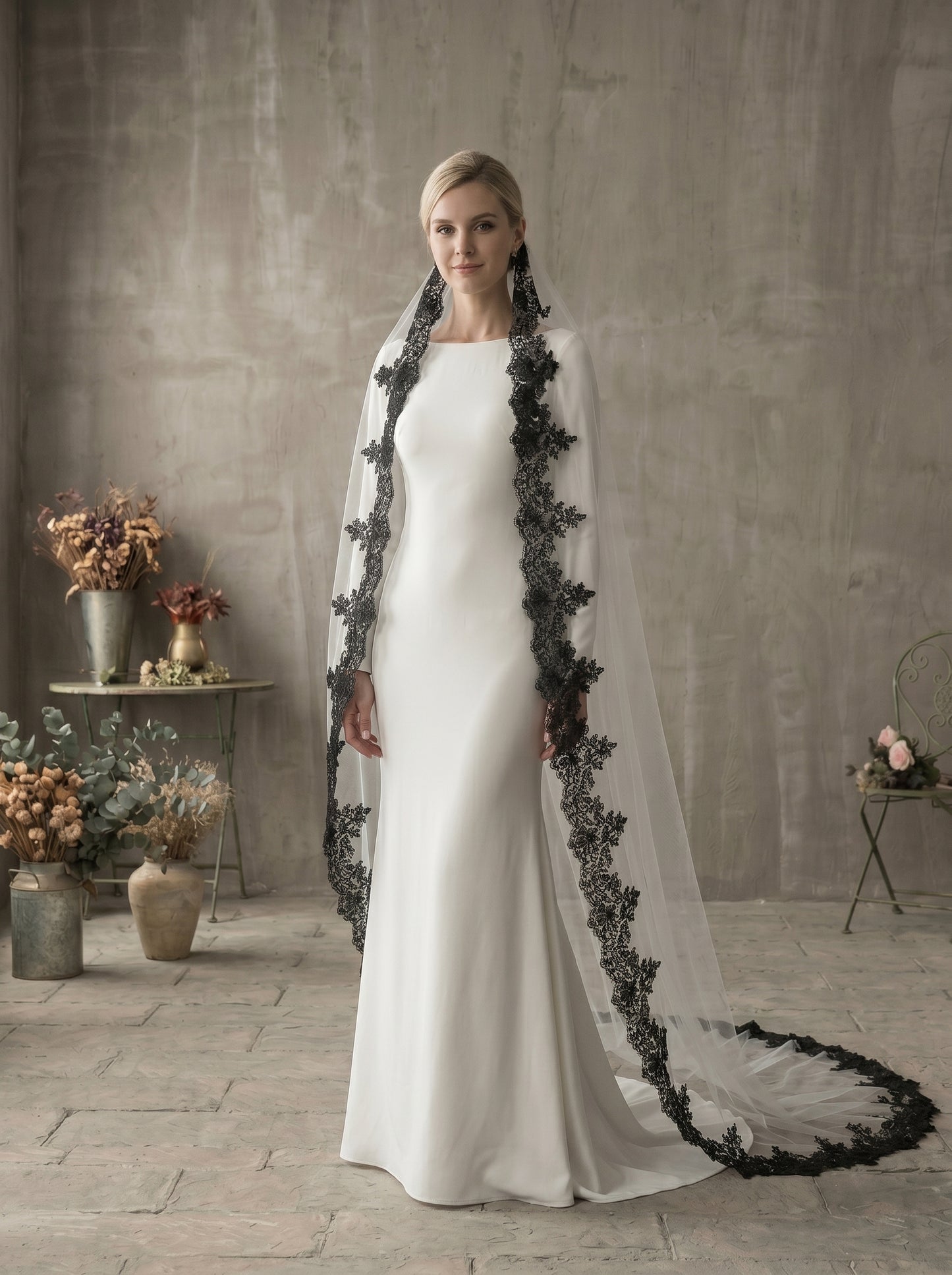 Luxury Gothic Black Wedding Veil with Comb - 60" Fingertip / 80" Chapel / 118" Cathedral High Drama Black Lace Edge Bridal Veil LUNA-X64