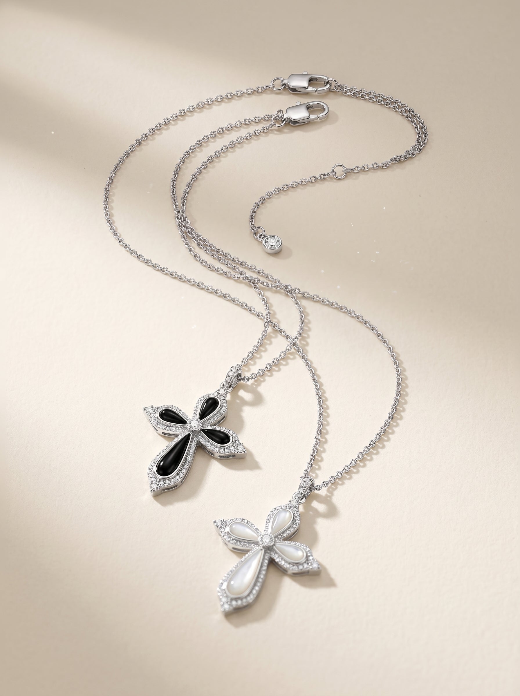 Women’s Vintage Filigree Hollow Cross Pendant Necklace, Two Sizes, Silver Rhodium Plated, Black Onyx / White Mother of Pearl & Cubic Zirconia Adjustable Chain LUNA-X258