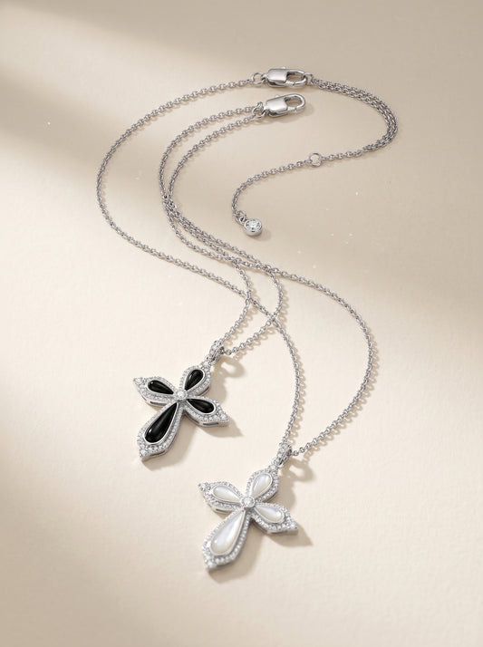 Women’s Vintage Filigree Hollow Cross Pendant Necklace, Two Sizes, Silver Rhodium Plated, Black Onyx / White Mother of Pearl & Cubic Zirconia Adjustable Chain LUNA-X258