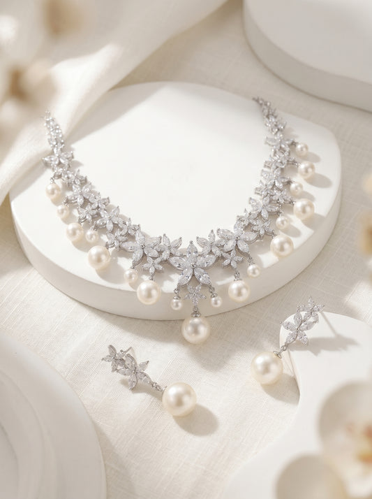Luxury Marquise Zircon Wheat Ear Bridal Jewelry Set, Platinum Plated Geometric Leaf Choker Necklace & Shimmering Dangle Earrings with S925 Silver Pins LUNA-X159