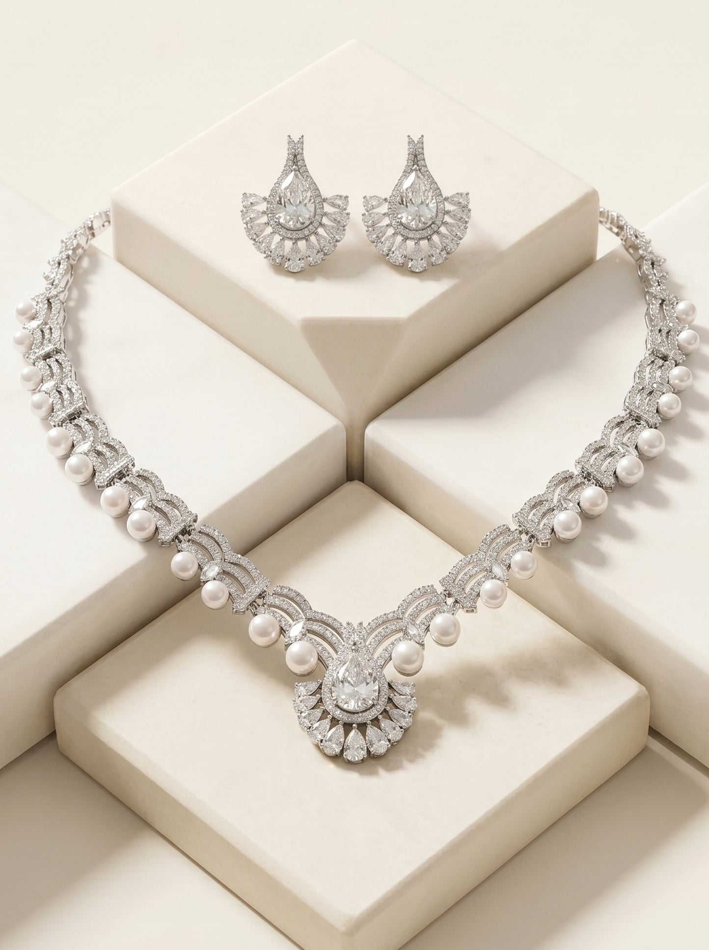 Royal V-Shaped Imitation Pearl Bridal Jewelry Set, Luxury Platinum Plated AAA Zircon Teardrop Choker Necklace & Marquise Statement Earrings Set LUNA-X166