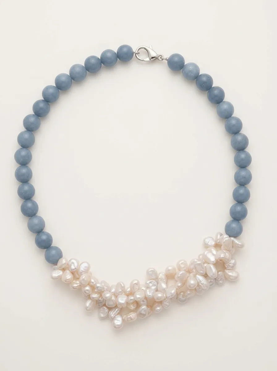 Full circular view of blue angelite and woven white baroque pearl cluster choker with S925 sterling silver clasp.