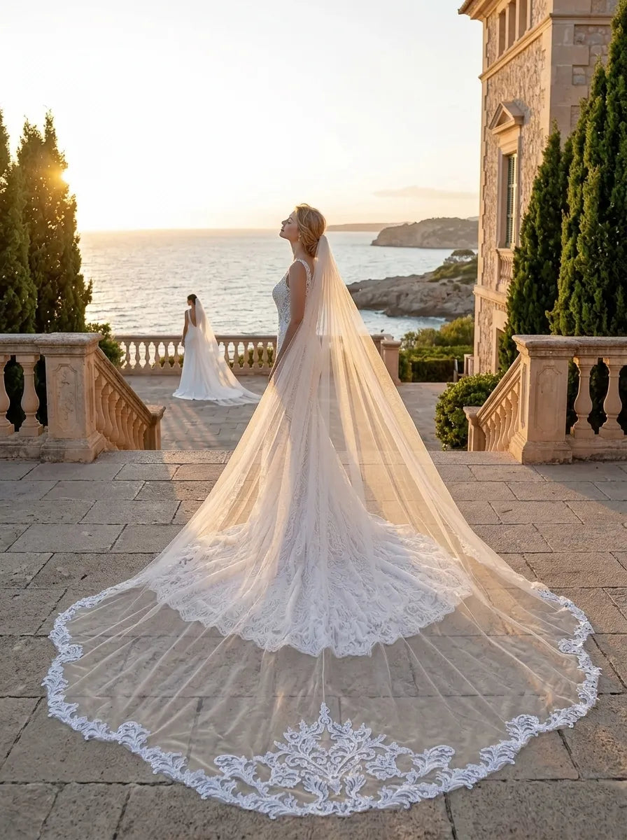 Rear view of bride on stone terrace overlooking ocean showing long 350cm baroque lace train spread out