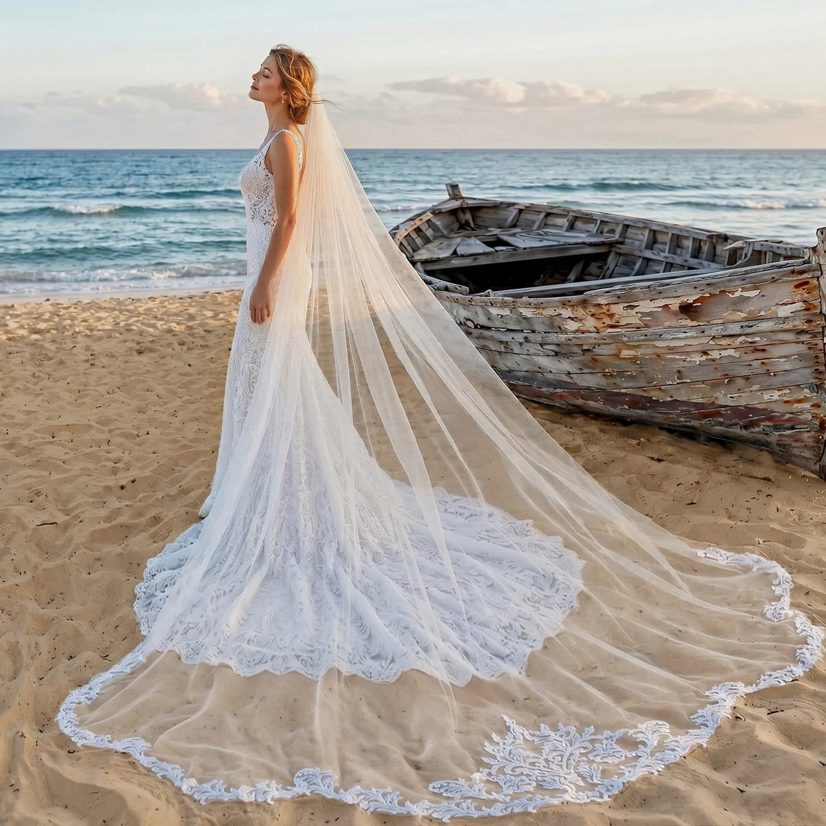 Side profile shot of bride in mermaid gown with trailing baroque lace royal veil on seaside beach