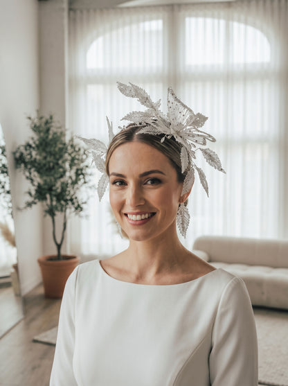Hand beaded embroidered butterfly leaf bridal headband, silver crystal artistic wedding headpiece