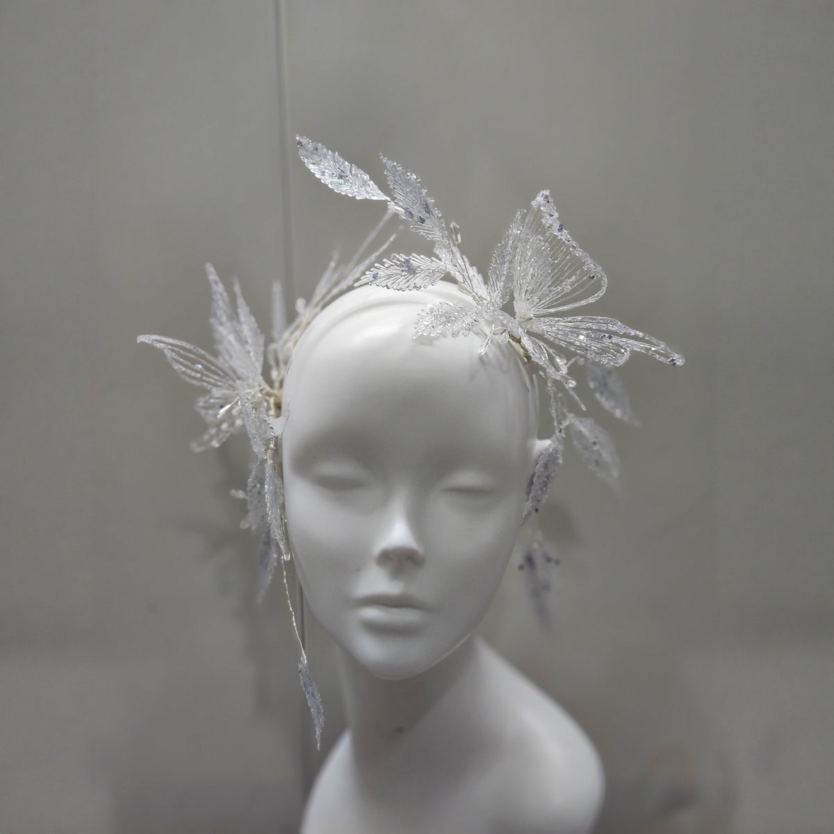 Hand beaded embroidered butterfly leaf bridal headband, silver crystal artistic wedding headpiece