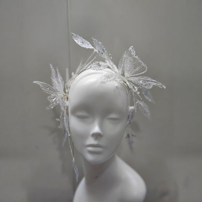 Hand beaded embroidered butterfly leaf bridal headband, silver crystal artistic wedding headpiece