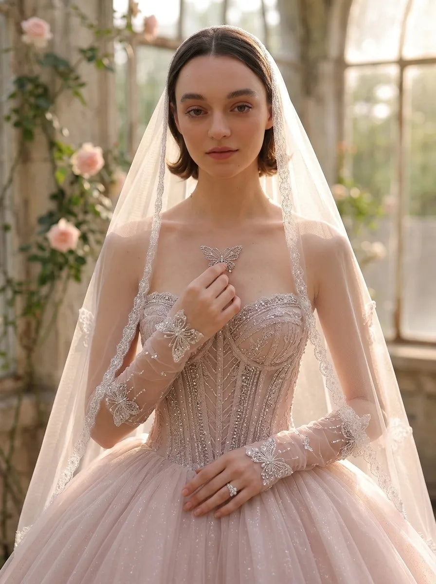 Rear view of single-tier 90cm fingertip bridal veil on black mannequin displaying scattered 3D butterfly lace appliques and pearl edge