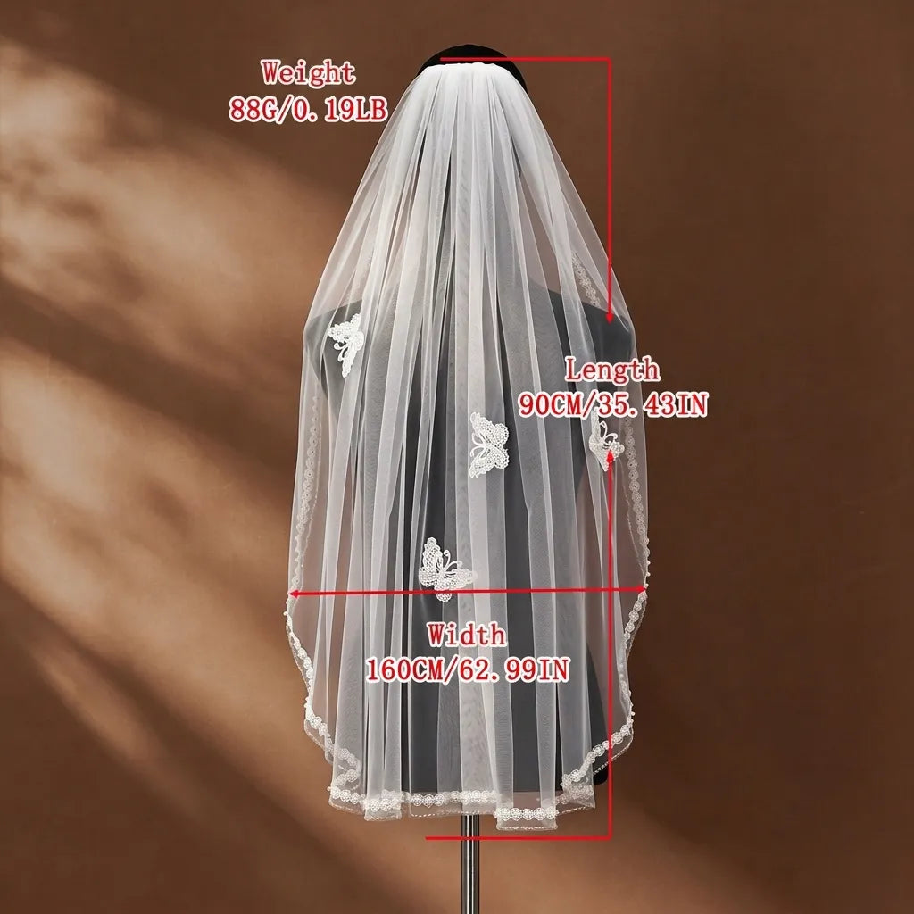 Specification diagram of 90cm fingertip wedding veil showing length 90cm (35.43in), width 160cm (62.99in), and weight 88g (0.19lb)