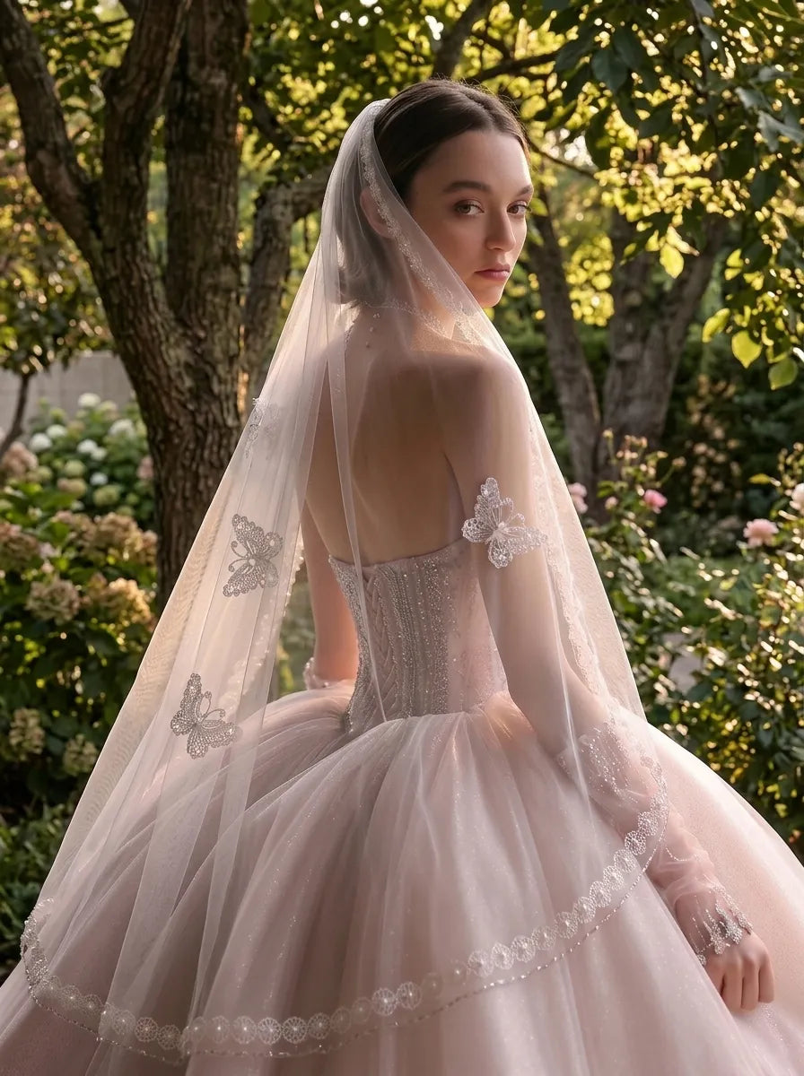 Rear profile of bride outdoors wearing 90cm fingertip veil over strapless blush dress, showing butterfly motifs against stone background