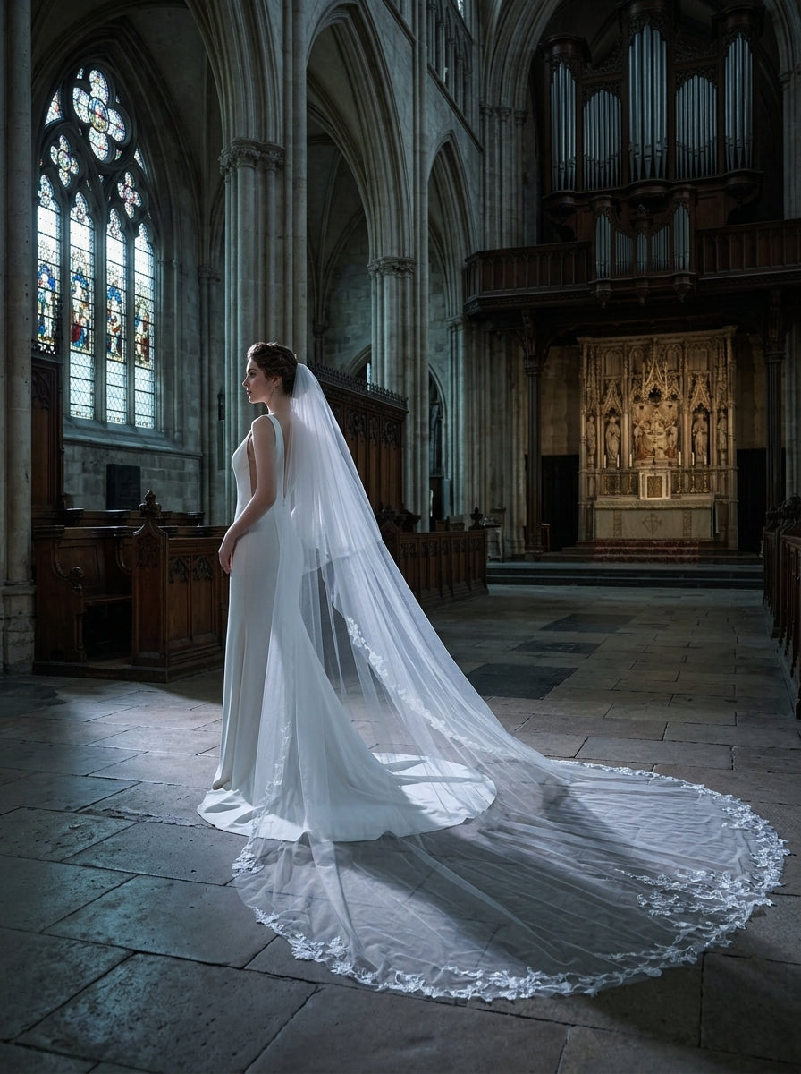 3.8m cathedral length two layer bridal veil with metal hair comb and lace trim