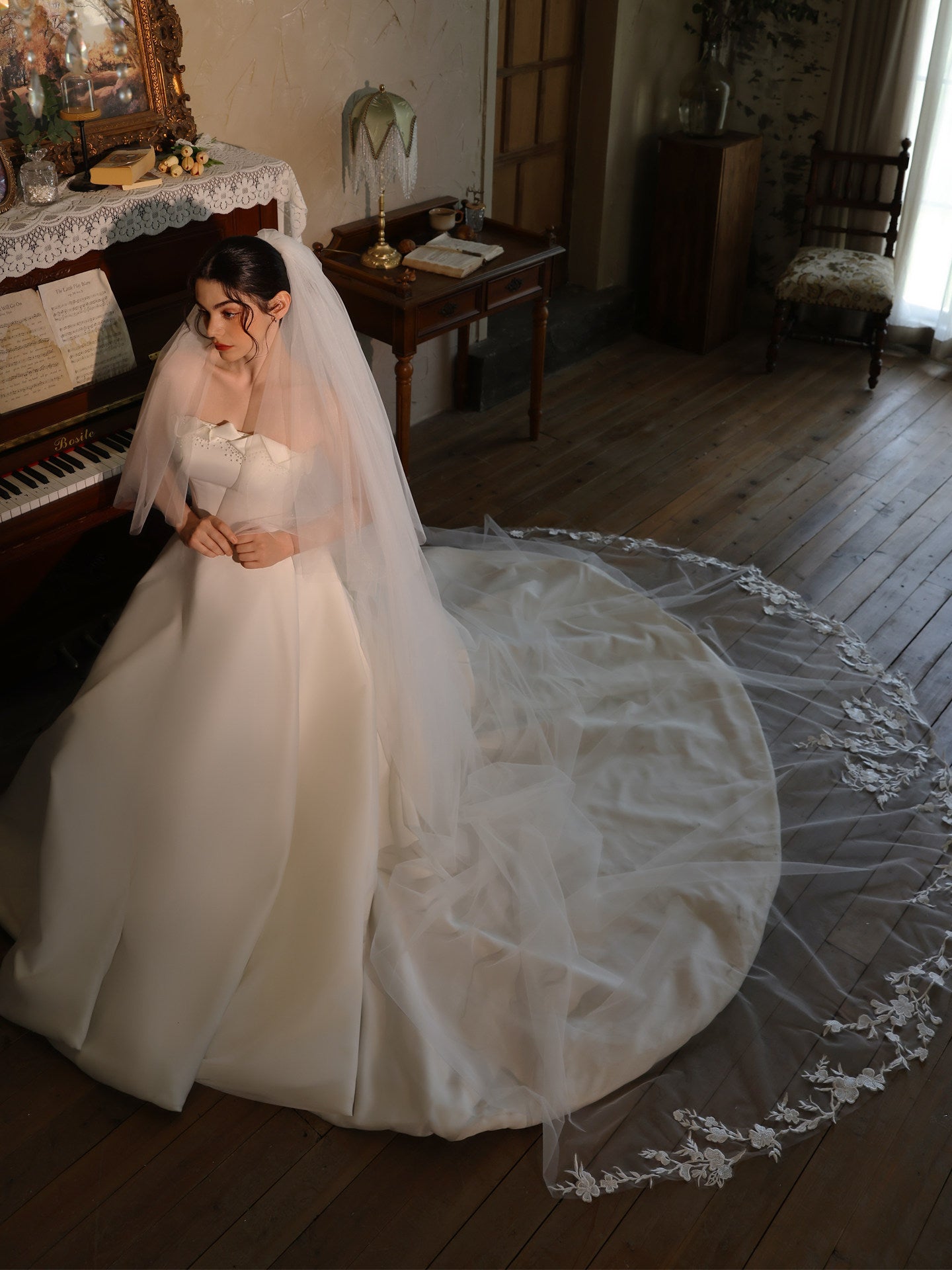 3.8m cathedral length two layer bridal veil with metal hair comb and lace trim