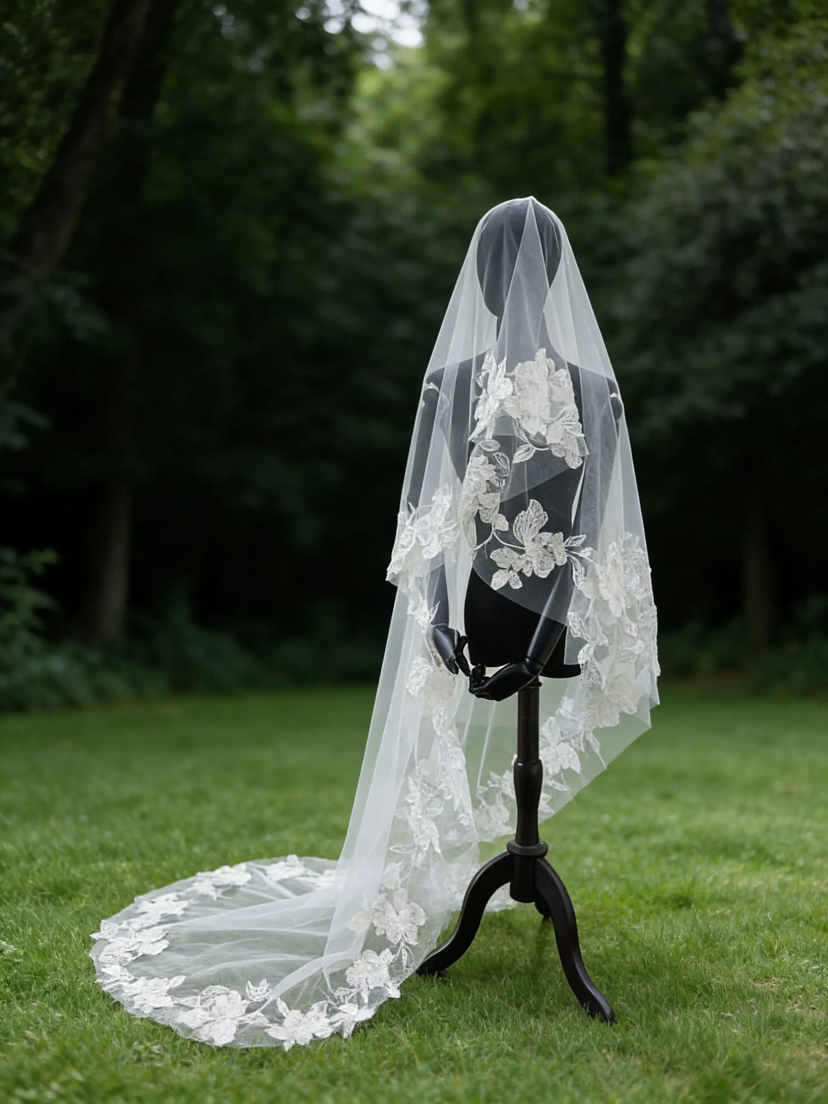 Ivory white 300cm cathedral lace wedding veil displayed flat
