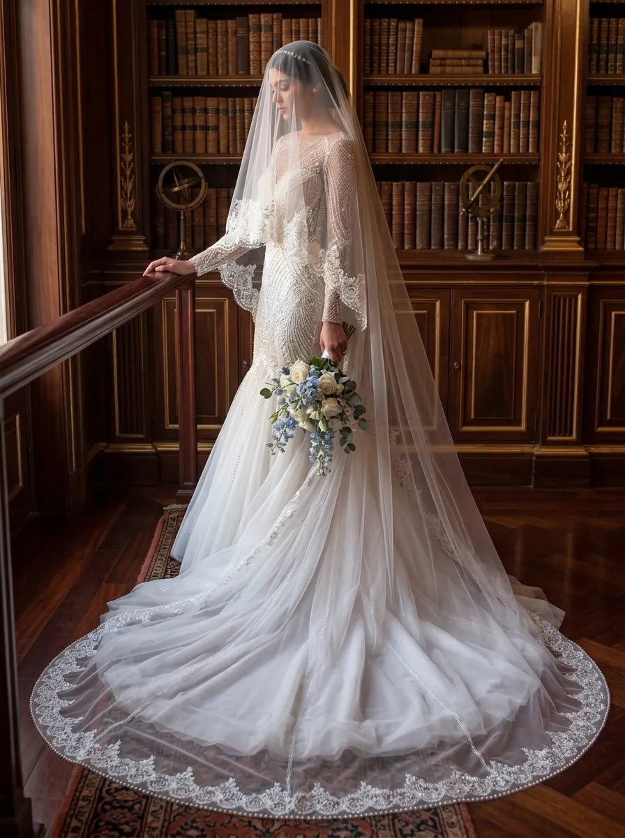 Single-tier cathedral bridal veil (300cm/118.11in) with embroidered floral lace and pearl beaded edge on mannequin with large circular train