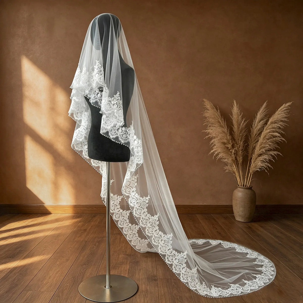Elegant side view of bride standing with cathedral veil flowing smoothly down her gown, highlighting light reflection on sequins and pearls