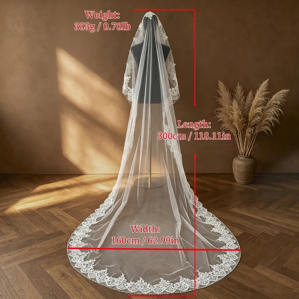 Specification diagram of 300cm single-tier wedding veil displaying length 300cm (118.11in), width 160cm (62.99in), and weight 353g (0.78lb)