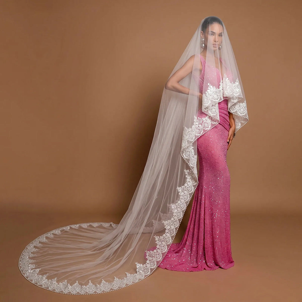 Full-length portrait of bride wearing sheer veil draped over pink gown, cascading into a wide semi-circle train on light brown background