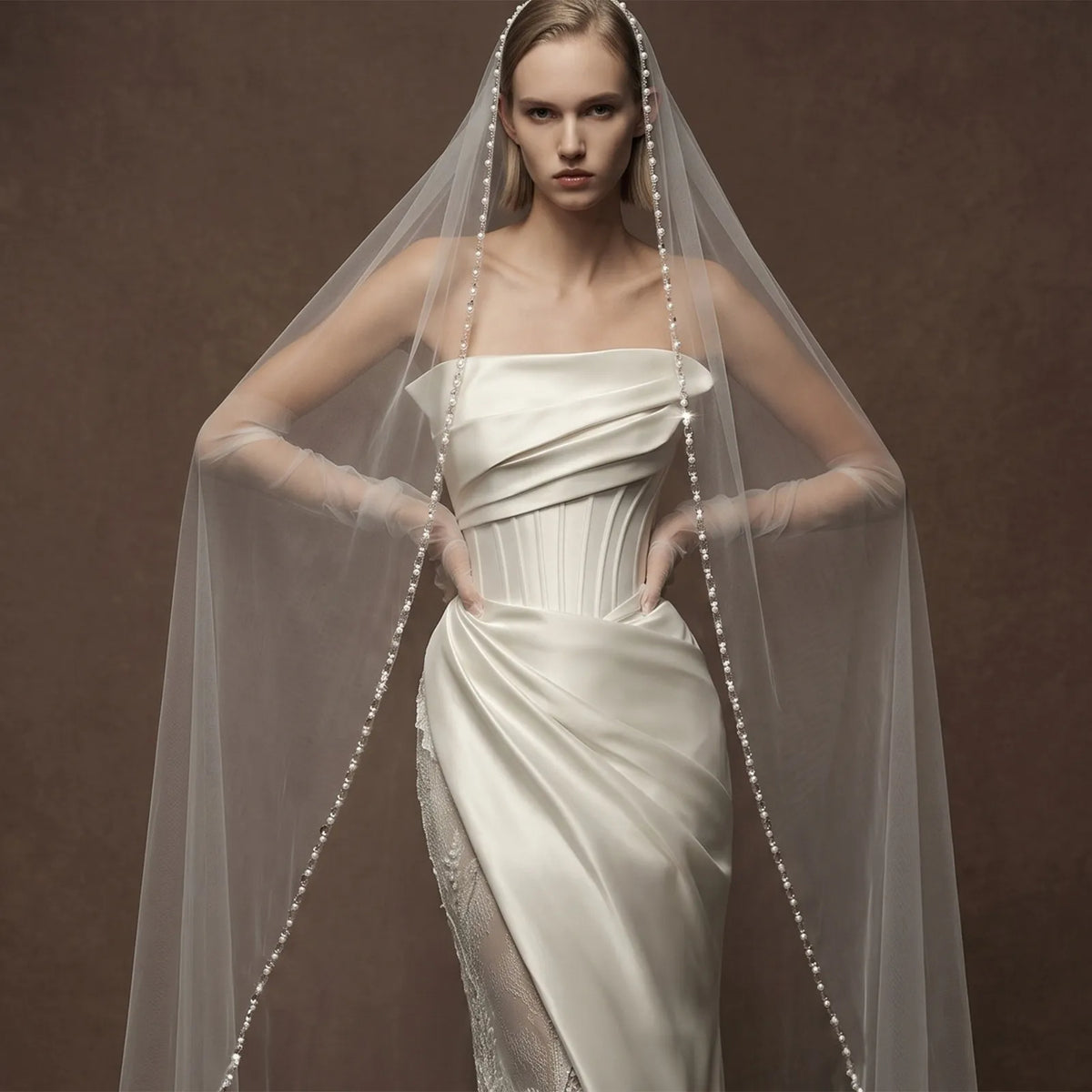 Half-length front view of bride in satin corset wedding dress with transparent veil draped over head and subtle shimmering sequin border down both sides