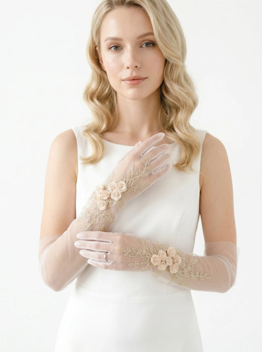 Champagne sheer tulle long bridal gloves with 3D fabric rose appliqué and gold floral leaf embroidery