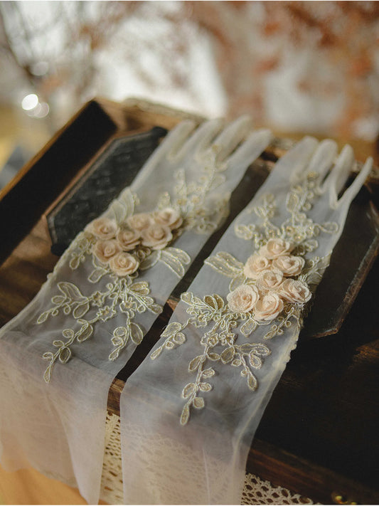 Champagne sheer tulle long bridal gloves with 3D fabric rose appliqué and gold floral leaf embroidery