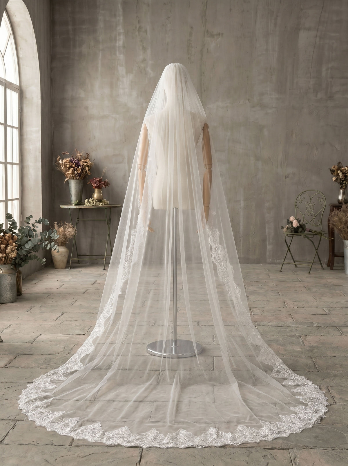 Close up of floral Chantilly lace edge on wedding veil