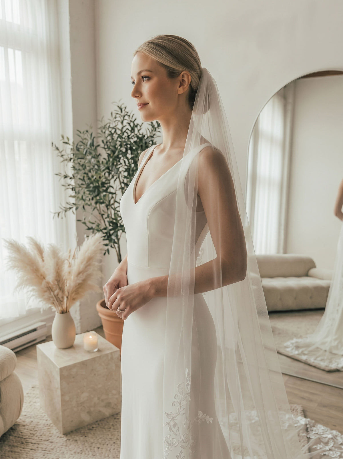 Bride wearing vintage lace border long trail sheer cathedral bridal wedding veil