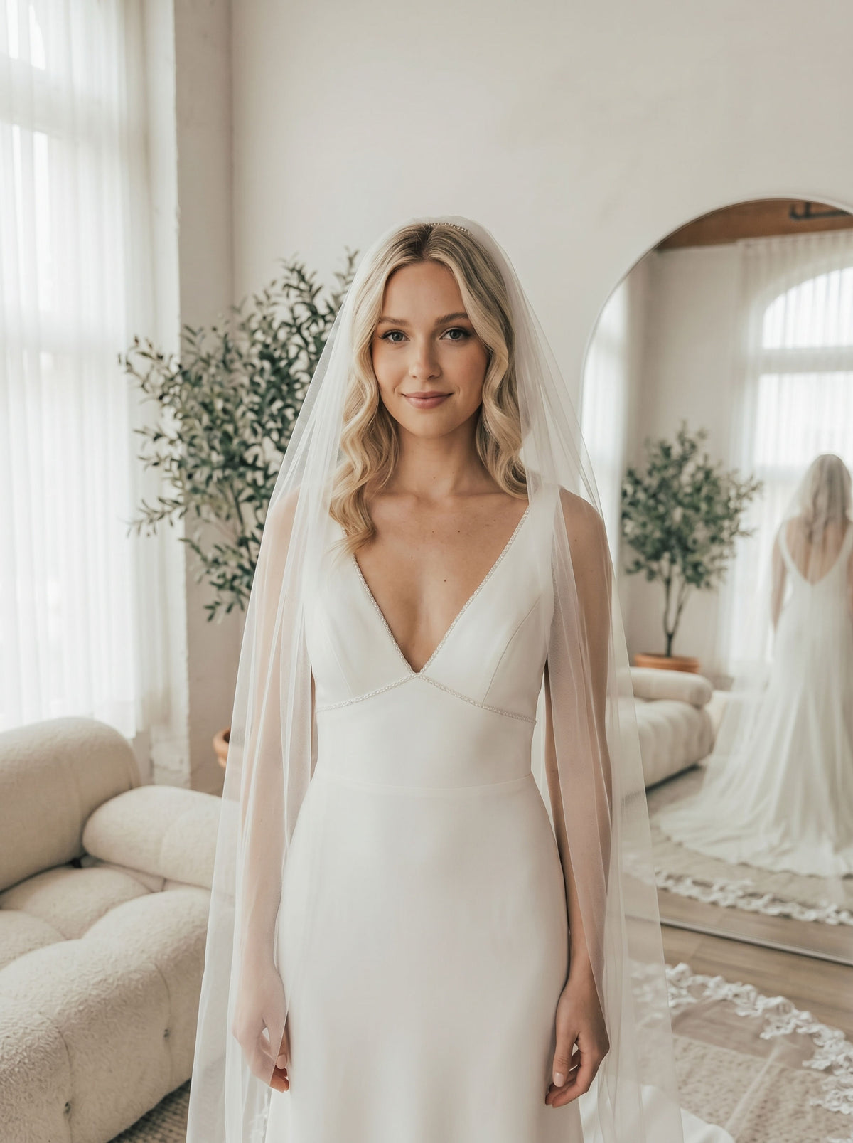 Bride wearing vintage lace border long trail sheer cathedral bridal wedding veil