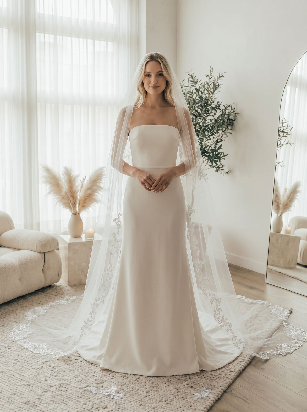 Bride wearing vintage lace border long trail sheer cathedral bridal wedding veil