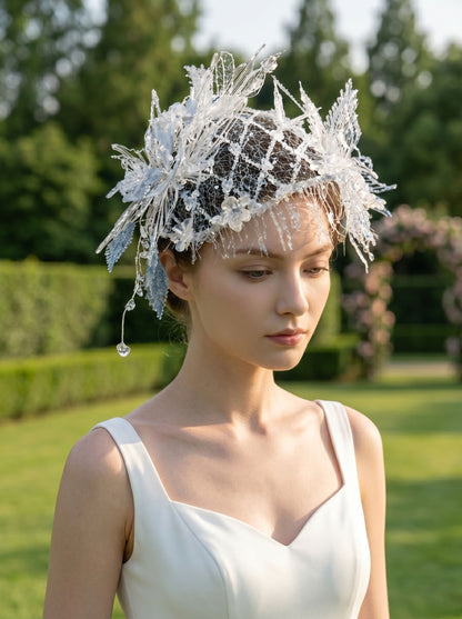 Crystal net veil bridal headpiece, 3D beaded floral leaf fascinator with face netting for wedding