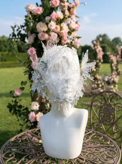 Crystal net veil bridal headpiece, 3D beaded floral leaf fascinator with face netting for wedding