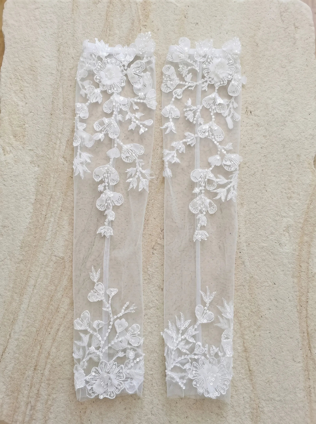 Detachable long 3D floral lace tulle wedding sleeves worn with strapless bridal gown