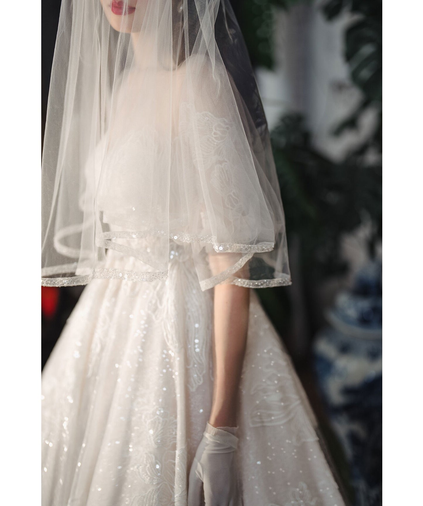 150cm two tier elbow length bridal veil with 70cm blusher and delicate beaded trimmed edge