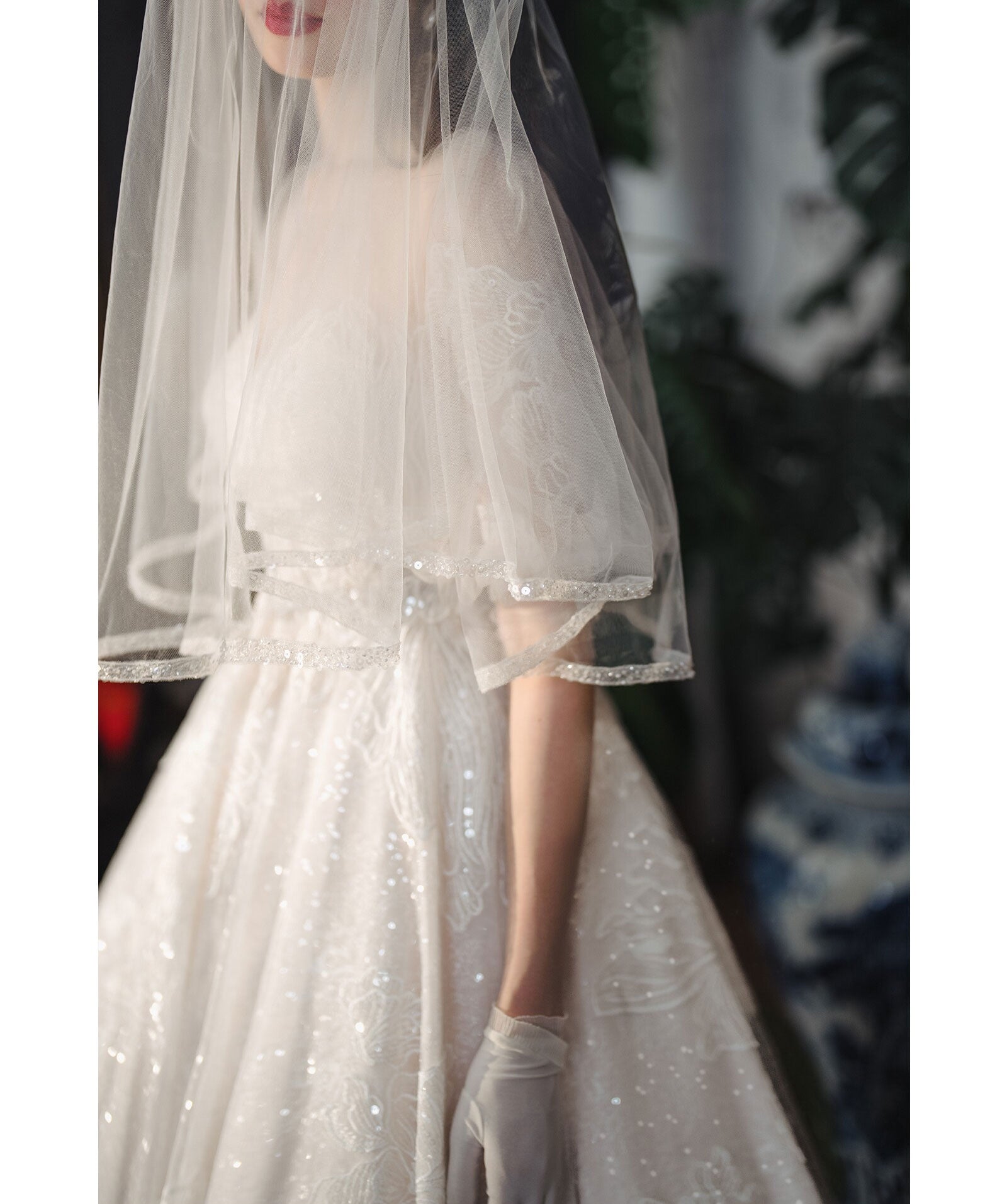 150cm two tier elbow length bridal veil with 70cm blusher and delicate beaded trimmed edge